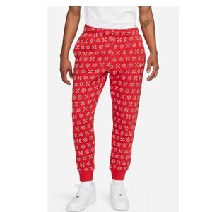 Nike Fleece Monogram Joggers Snowflake AOP Swoosh Red FJ1637-657, size M